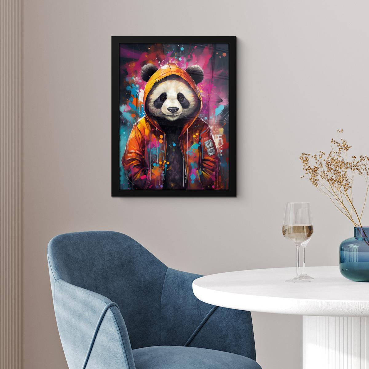 POSTER MIT RAHMENGERAHMTES BILD Panda - Jacke - Graffiti - Orange Bilderrahmen 30x40 cm - Orange, Papier (30/40cm) - MuchoWow