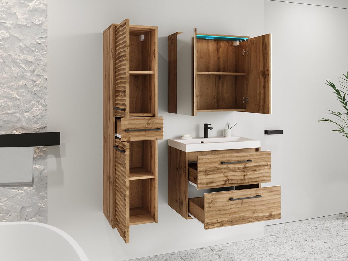 BADMÖBEL-SET Canavas I mit blauer LED Beleuchtung - Schwarz/Braun, Holzwerkstoff/Metall (30/130/35cm) - MIRJAN24