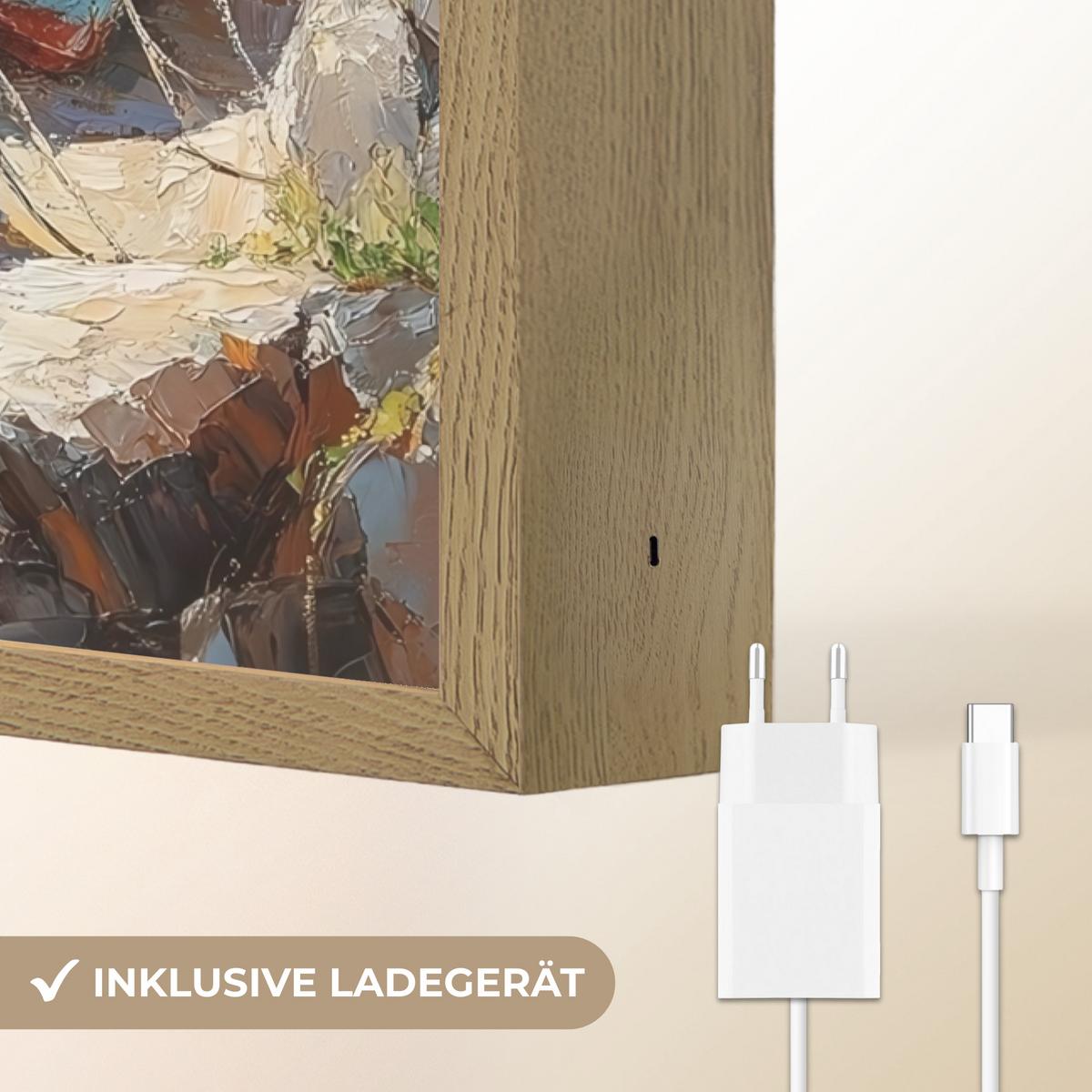 WANDLEUCHTE MIT AKKU Boote - Felsen - Meer - Sonne 60x90 cm - Blau, Holzwerkstoff (60/90/8cm) - OnlyWow