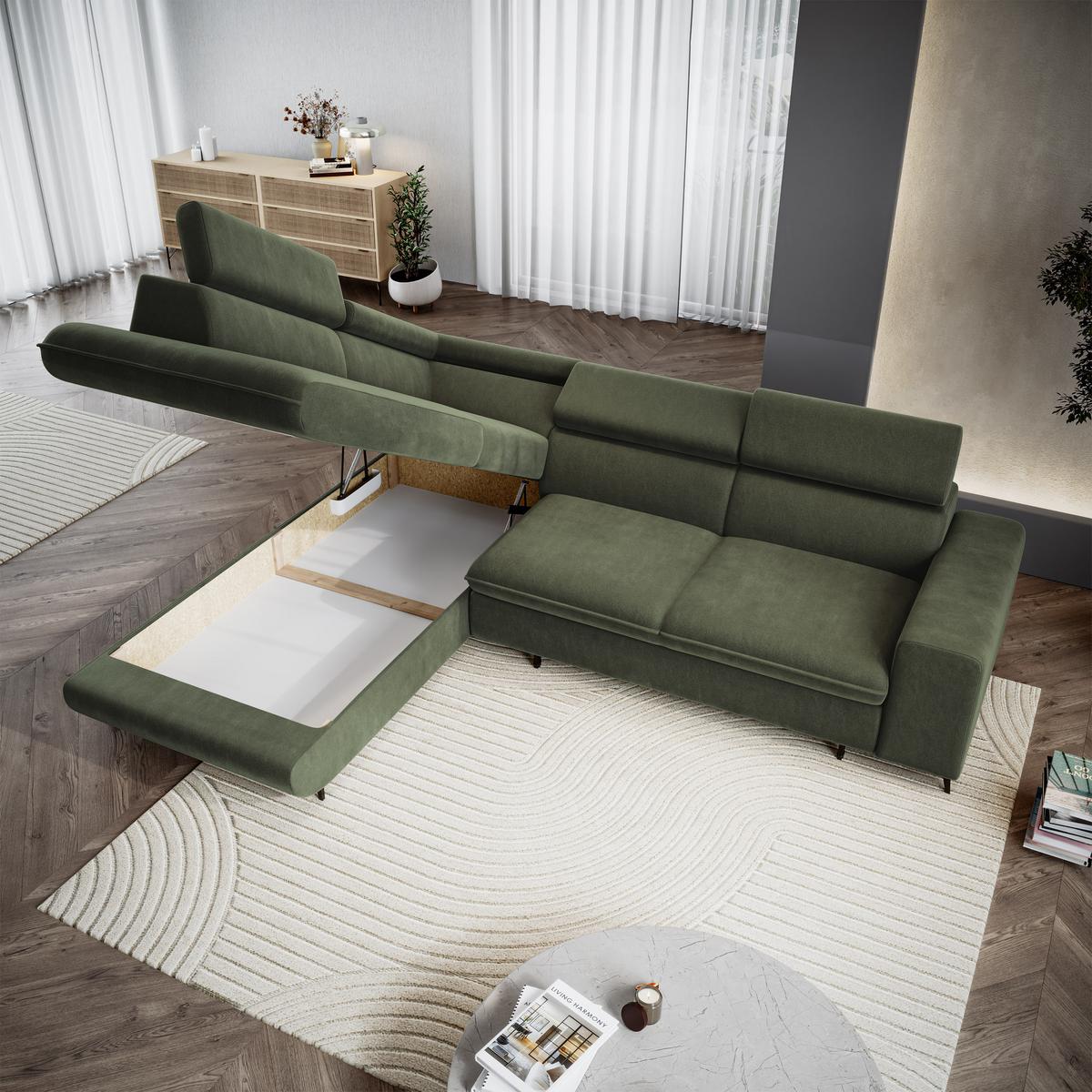 ECKSOFA VELISS Olivgrün Veloursstoff mit Schlaffunktion - Olivgrün, Holz (255/193cm) - MASSENO