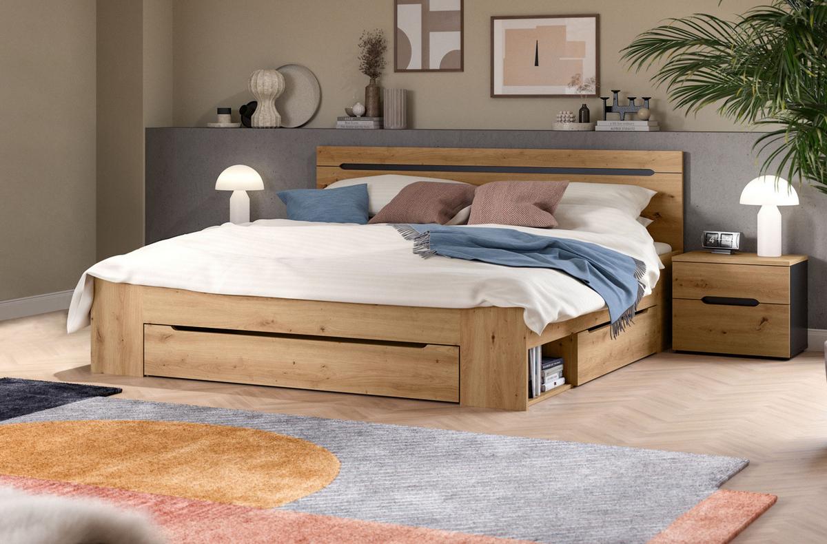 SCHLAFZIMMER Eiche Artisan, grau 3-teilig, Komplettset mit Bett 180 x 200 cm - Eiche Artisan/Grau, Holzwerkstoff/Metall - Inn.Furn