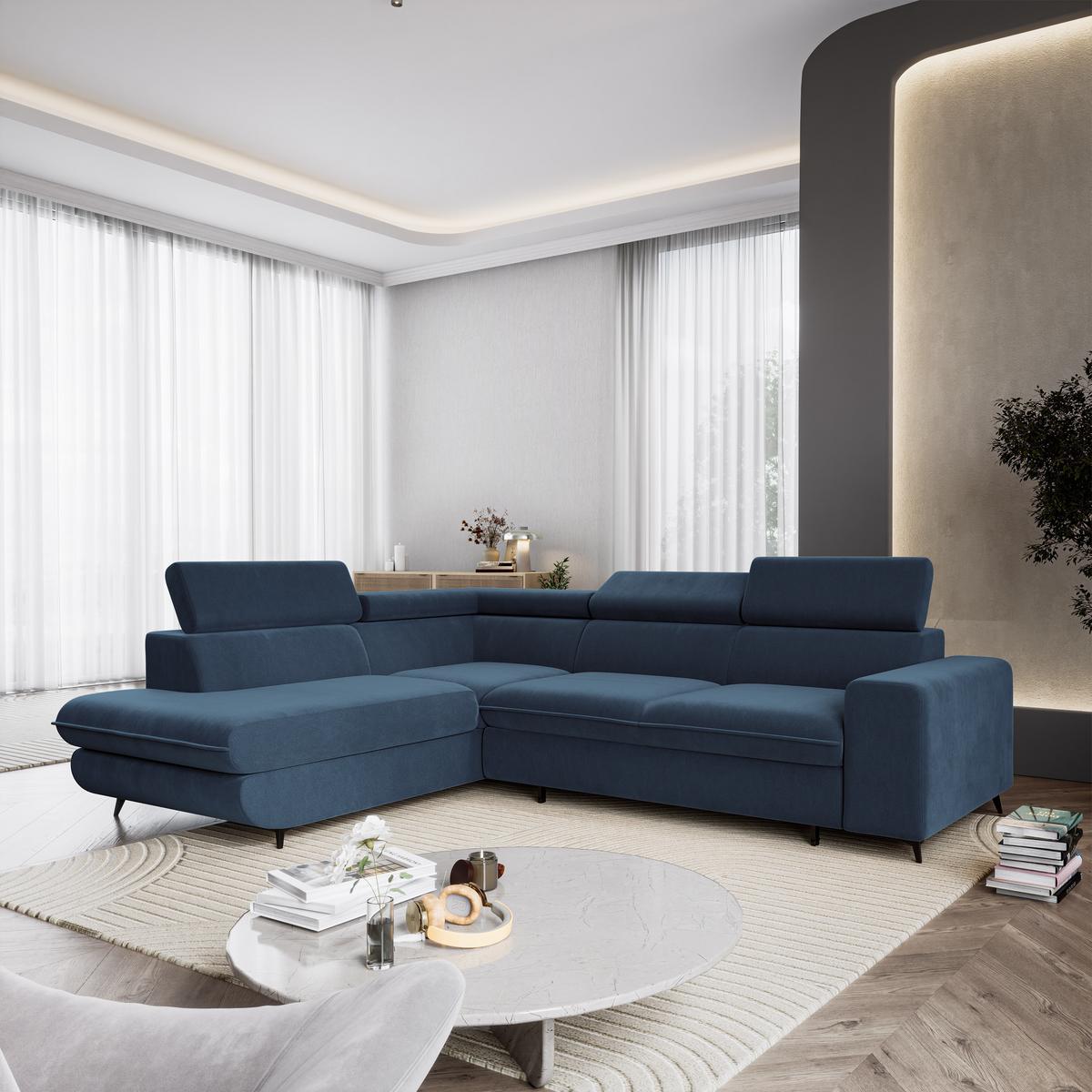 ECKSOFA VELISS Blau Veloursstoff mit Schlaffunktion - Blau, Holz (255/193cm) - MASSENO