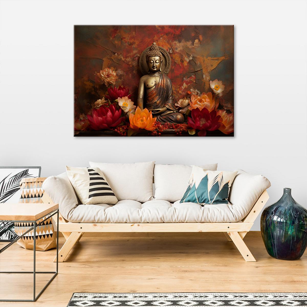 WANDBILD meditierender buddha und bunte blumen - Rot, Textil (60/40cm) - Feeby