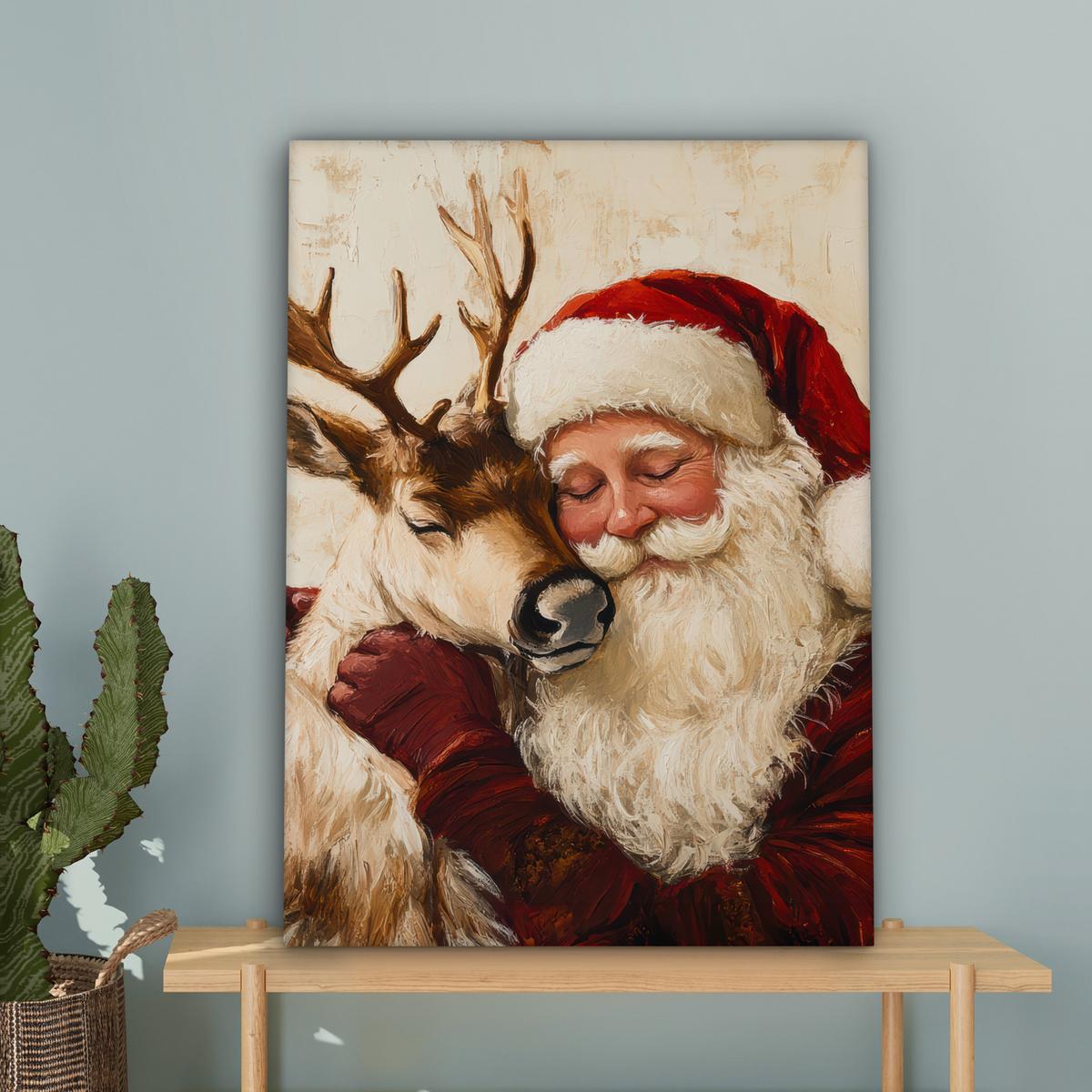 LEINWANDBILD Weihnachtsmann - Rentier - Weihnachten Wandbild Wohnzimmer 60x80 cm - Rotbraun, Textil (60/80cm) - MuchoWow