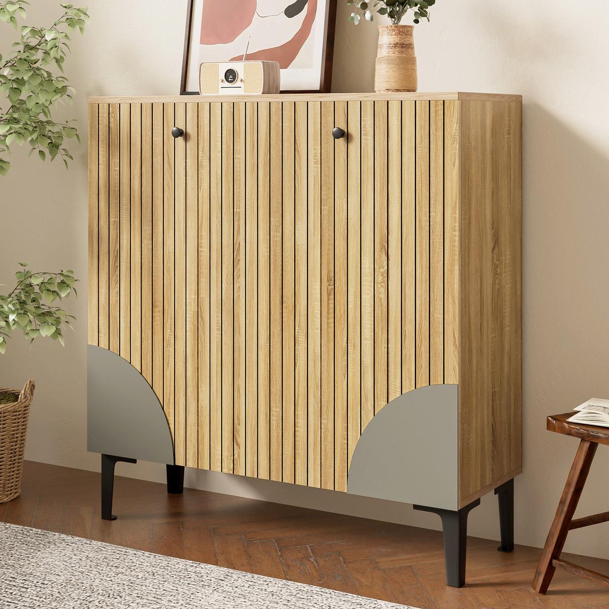 SCHUHSCHRANK in Holzoptik mit 3 Türen, Beige - Naturfarben, Holzwerkstoff (90/94/32cm) - Urban Meuble