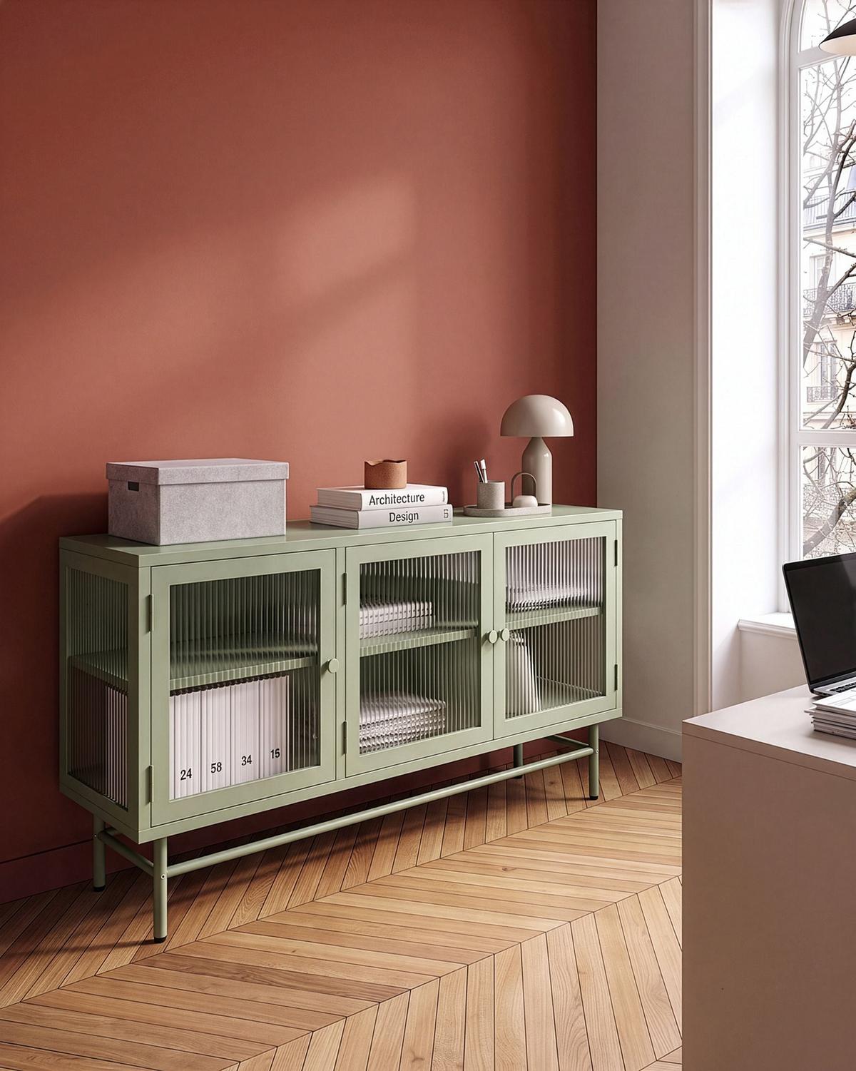 SIDEBOARD mit Glastüren Metall 115 cm Grün Devon - Grün, Metall (115/64/35cm) - Beliani