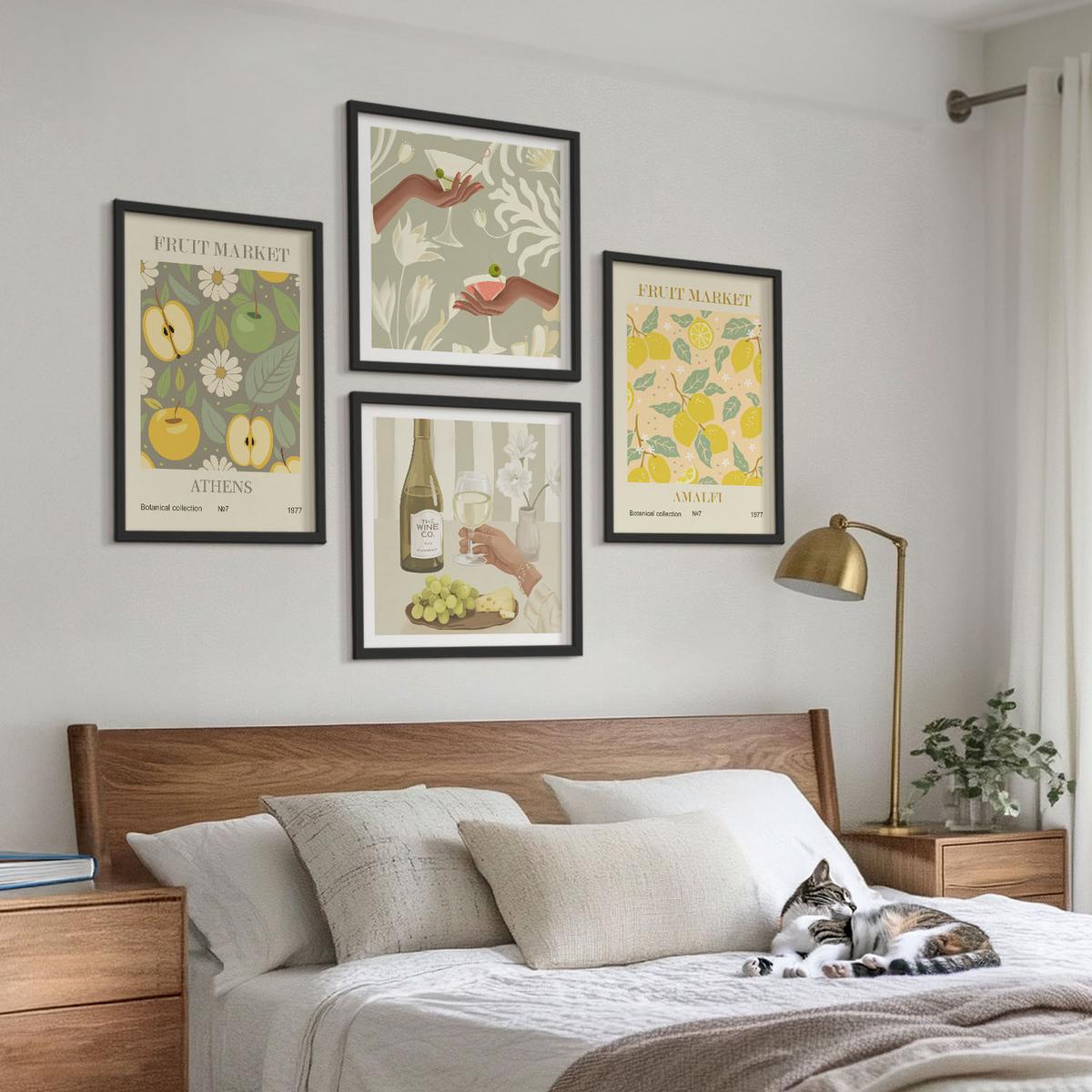 BILDER SET 4er Set - 50x50 cm & 40x60 cm Schwarzer Rahmen - Fruchtige Muster italienischer Wein - Schwarz, Kunststoff (50/50cm) - TULUP