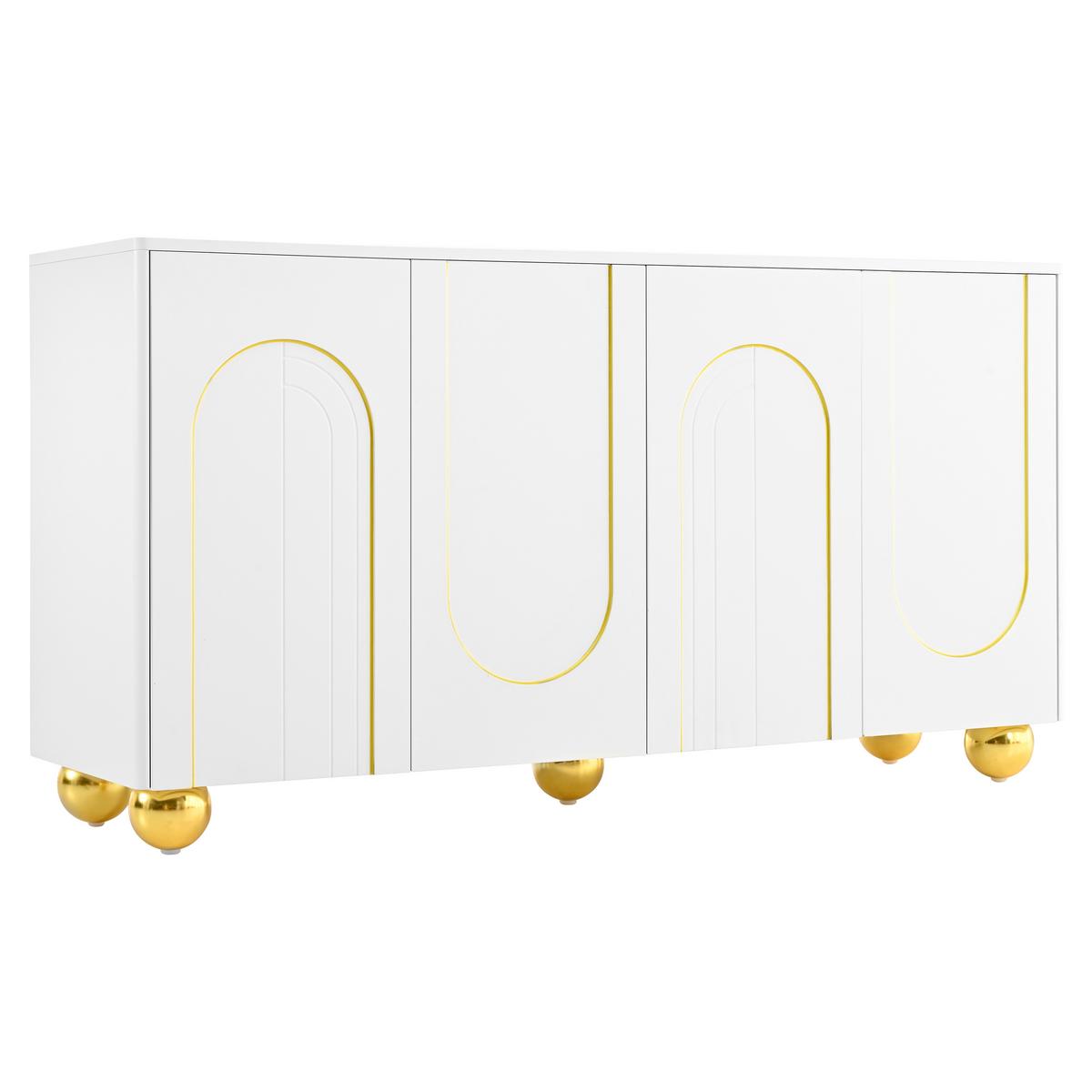 SIDEBOARD Weiß 140cm mit 4 Türen Gold-Bogen-Dekor & Kugelfüßen - Weiß, Holzwerkstoff (140/74/40cm) - Urban Meuble