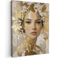 LEINWANDBILD Gesicht - Frau - Blätter - Gold Wandbild Wohnzimmer 60x80 cm - Beige, Textil (60/80cm) - MuchoWow