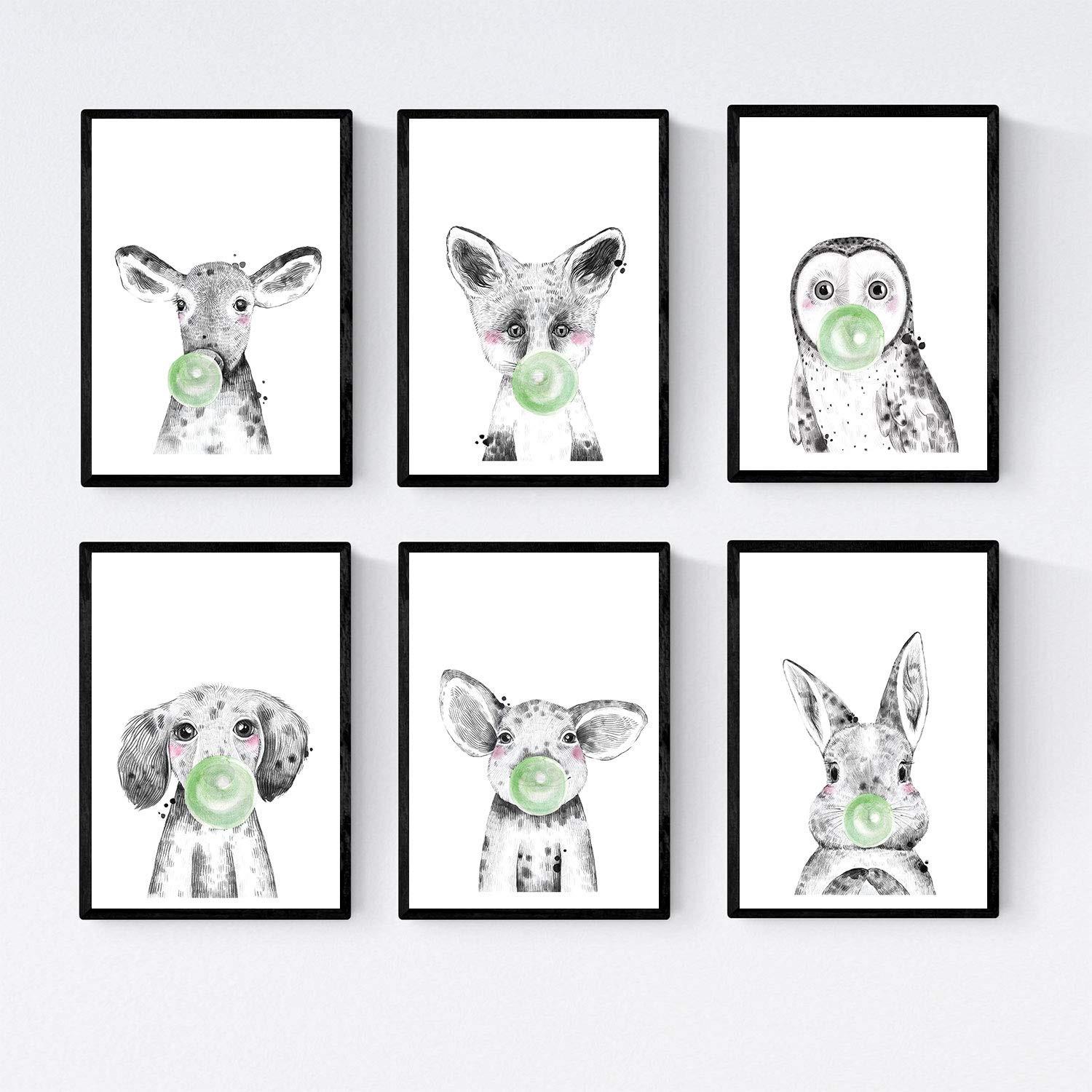 POSTER Set Mit 6 Tiere Babys Mit Kaugummi Schweinefleischkaninchenkuh Zorro Eule Hund - Schwarz, Papier (29/3cm) - Nacnic