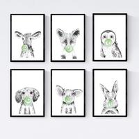 POSTER Set Mit 6 Tiere Babys Mit Kaugummi Schweinefleischkaninchenkuh Zorro Eule Hund - Schwarz, Papier (29/3cm) - Nacnic