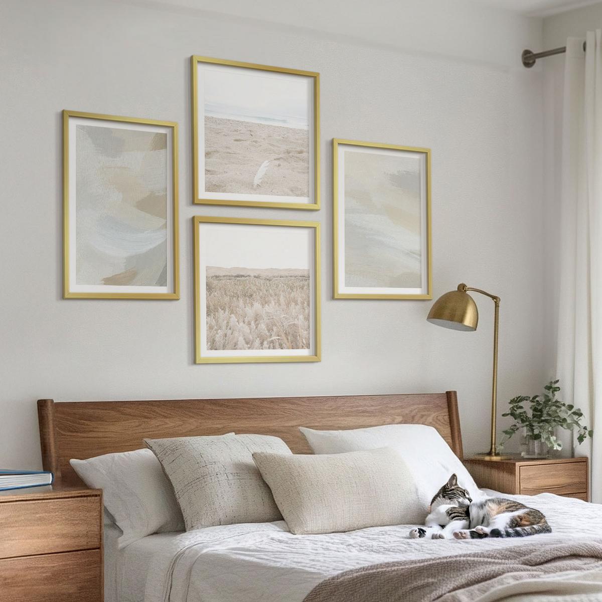 BILDER SET 4er Set - 50x50 cm & 40x60 cm Goldrahmen - Abstrakter Hintergrund mit feinen Strichen - Goldfarben, Kunststoff (50/50cm) - TULUP