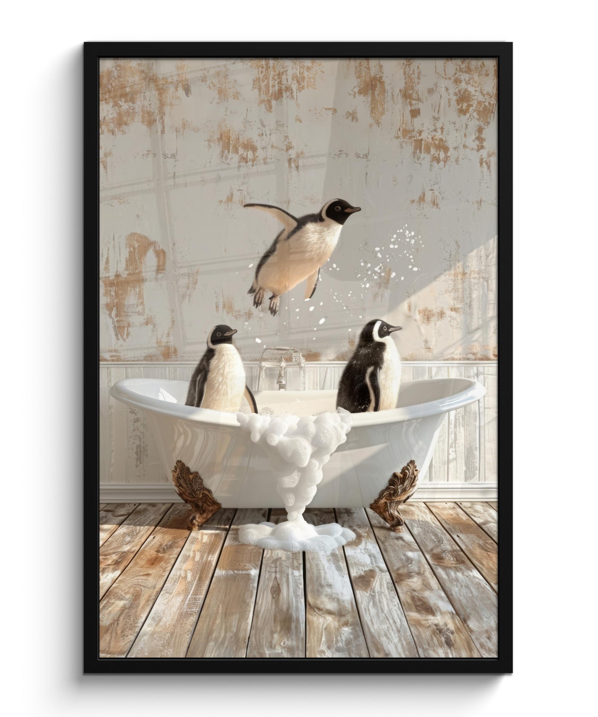 POSTER MIT RAHMEN Vintage - Pinguin - Badewanne - Schaumstoff 60x90 cm - Schwarz, Papier (60/90cm) - MuchoWow
