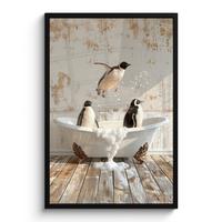 POSTER MIT RAHMENGERAHMTES BILD Vintage - Pinguin - Badewanne - Schaumstoff 60x90 cm - Schwarz, Papier (60/90cm) - MuchoWow
