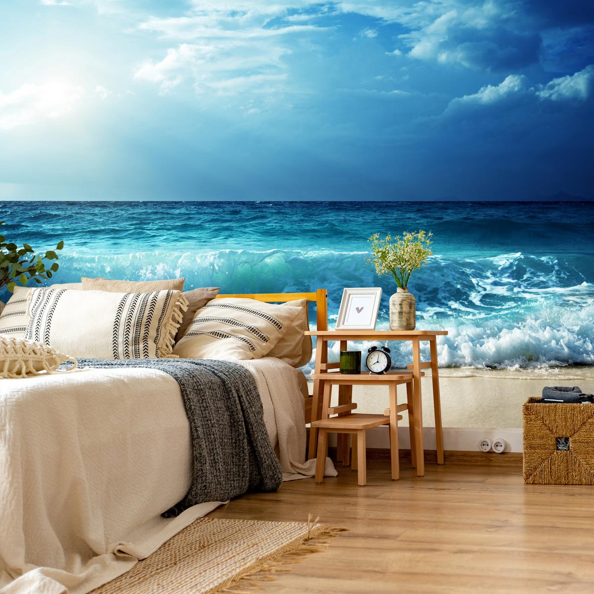 FOTOTAPETE Meer Wellen Strand Landschaft 3D 100x70 - Blau/Beige, Papier (100/70cm) - Muralo