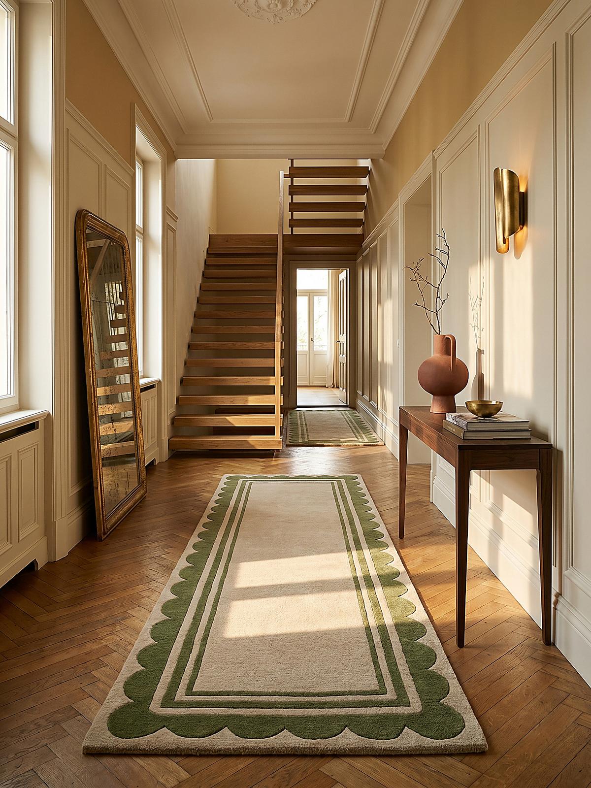 WOLLTEPPICH WENSUM, mit grafischem Muster mit Rahmen, Grün-Beige, 80 x 230 cm - Grün, Textil (230/80cm) - KADIMA DESIGN