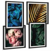 BILDER SET 4er Set - 50x50 cm & 40x60 cm Schwarzer Rahmen - Blätter und Blüten in verschiedenen Farben - Schwarz, Kunststoff (50/50cm) - TULUP