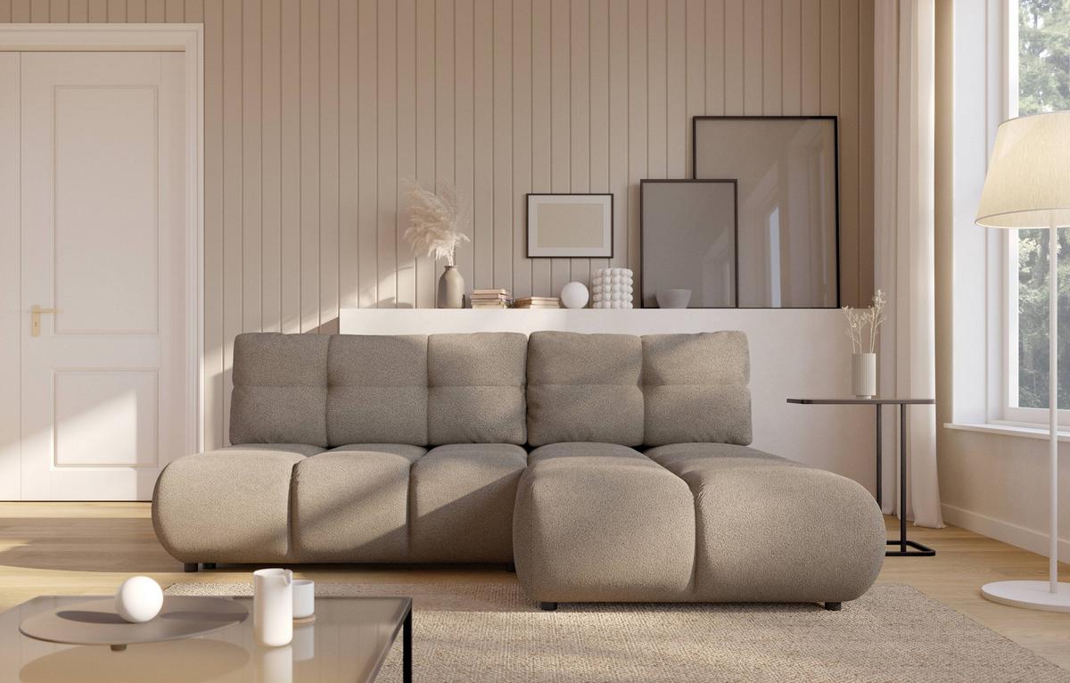 ECKSOFA CORSO R-S Grau Boucle-Stoff mit Schlaffunktion - Grau, Holz (230/177cm) - MASSENO