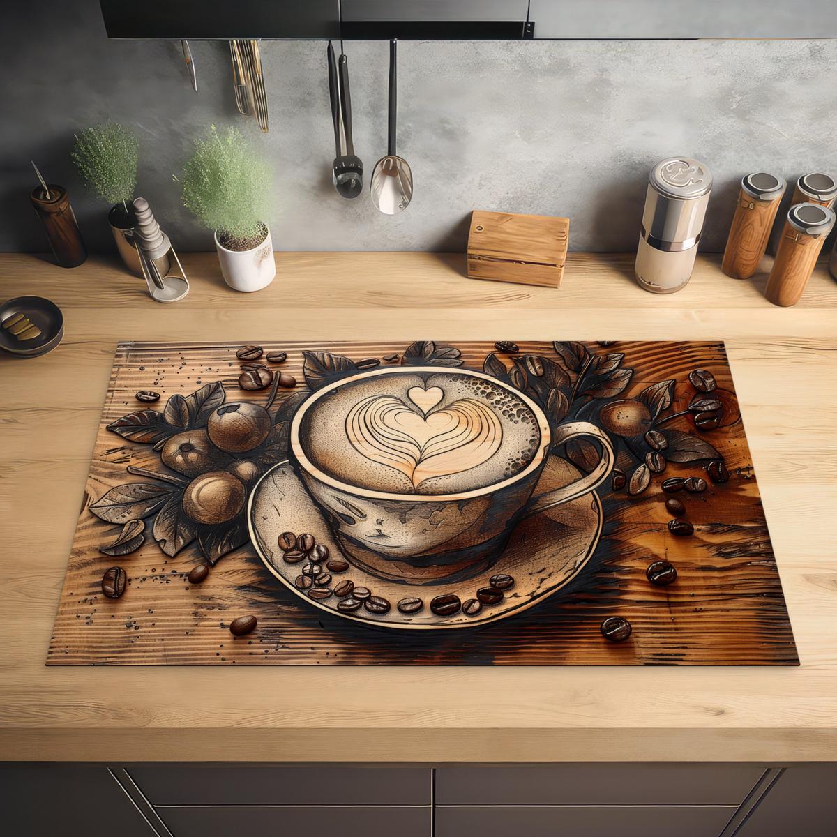 HERDABDECKPLATTE Kaffee - Vintage - Braun - Tasse - Holz Ceranfeldabdeckung 85x52 cm - Cappuccino, Kunststoff (85/52/0.2cm) - MuchoWow