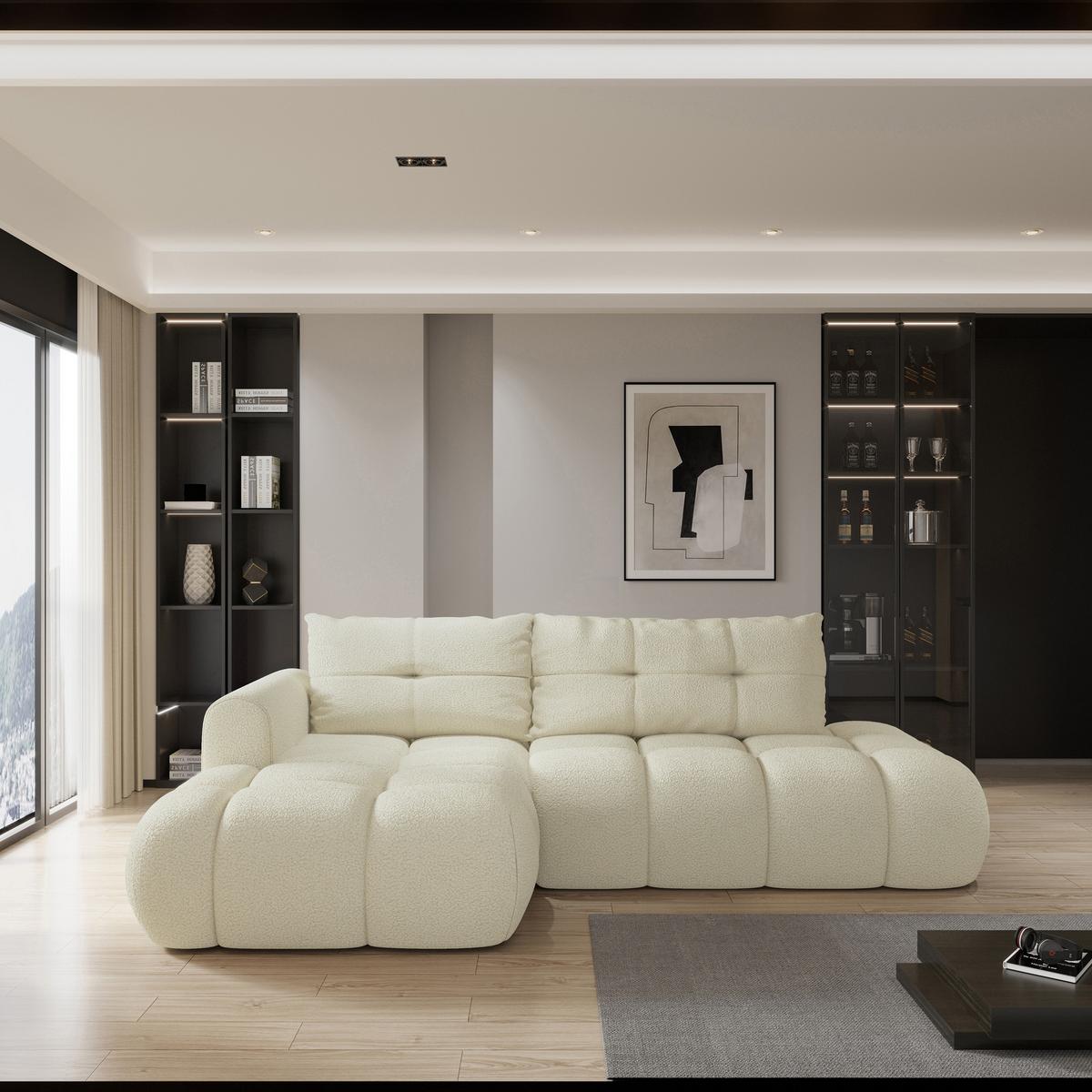 ECKSOFA FLUMA L-S Creme Boucle-Stoff mit Schlaffunktion - Creme, Holz (279/158cm) - MASSENO