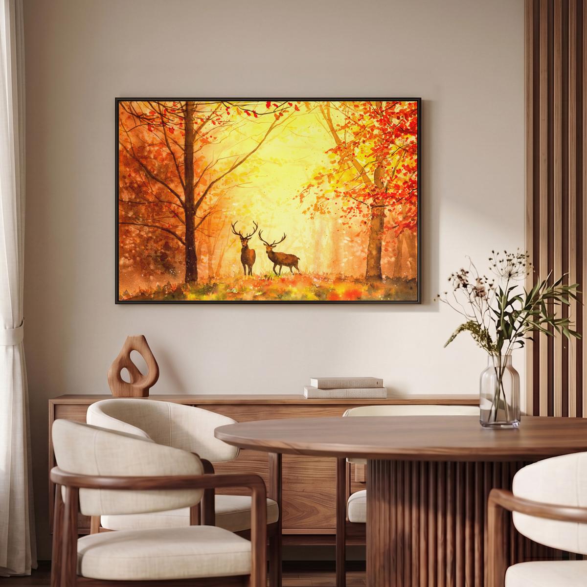 LEINWAND Bilder mit Rahmen - Natur - Ölfarbe - Hirsche - Tiere - Herbst - Orange - 90x60 - Orange, Textil (90/60cm) - MuchoWow
