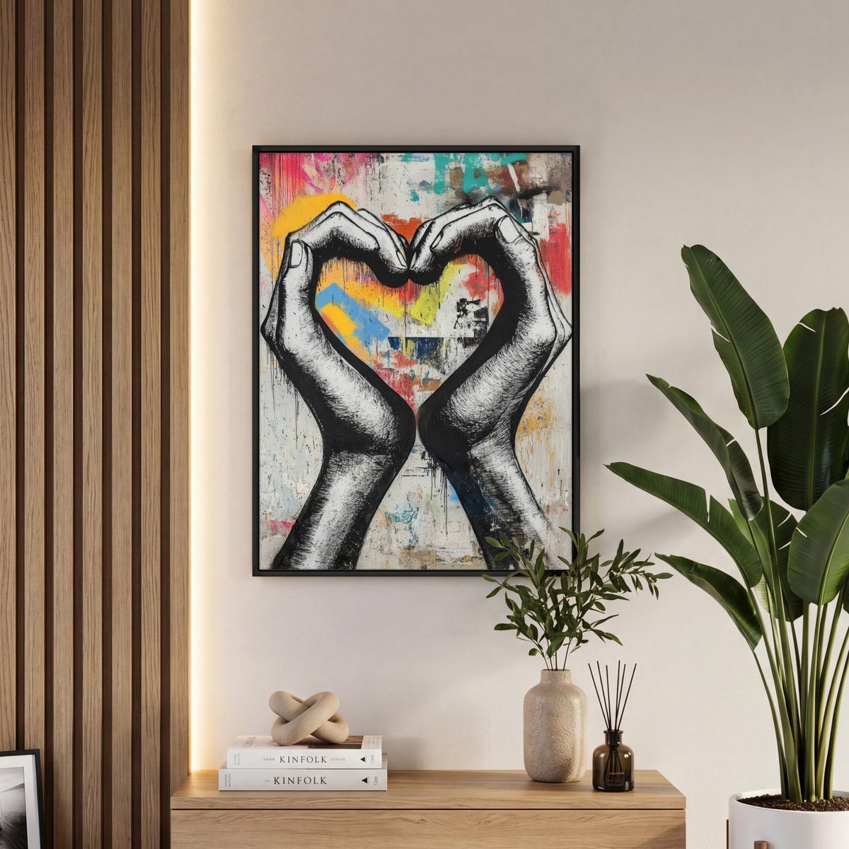 LEINWAND Bilder mit Rahmen - Hände - Herz - Straßenkunst - Graffiti - 50x70 - Multicolor, Textil (50/70cm) - MuchoWow