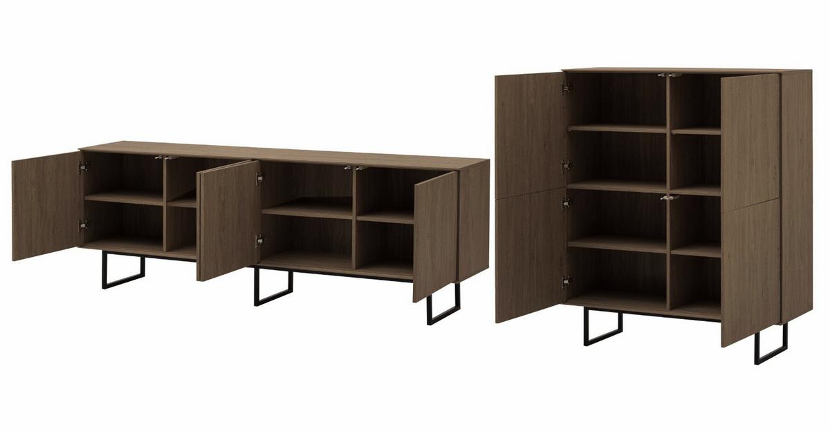 WOHNWAND in Nussbaum 2-teilig 330 cm, Komplett-Set mit Push-to-Open - Nussbaumfarben/Schwarz, Holzwerkstoff/Metall (330/137/40cm) - Furn.Design