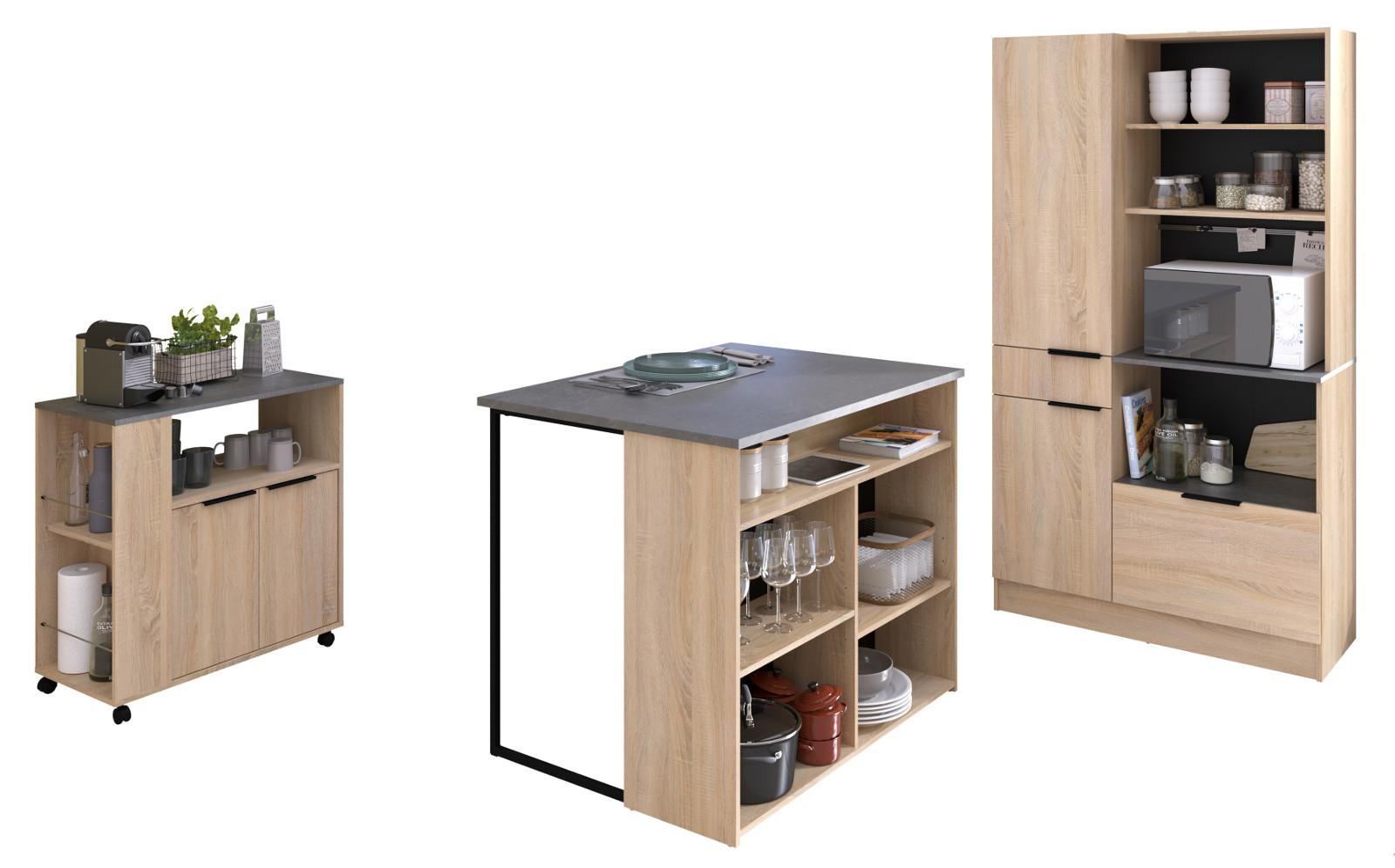 KÜCHEN-SET Eiche, grau, 3-teilig mit Buffet, Kücheninsel und Schrank - Eichefarben/Schwarz, Holzwerkstoff/Kunststoff (284/184/80cm) - Parisot Meuble