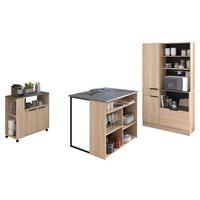 KÜCHEN-SET Eiche, grau, 3-teilig mit Buffet, Kücheninsel und Schrank - Eichefarben/Schwarz, Holzwerkstoff/Kunststoff (284/184/80cm) - Parisot Meuble