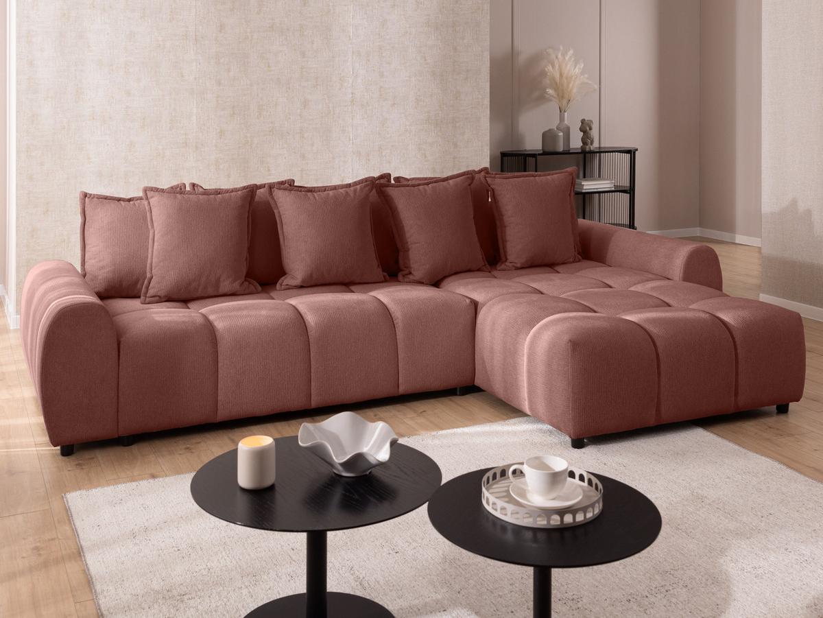 ECKSOFA Bubble mit losen Rückenkissen und Sitzfläche in Bubble-Optik aus weichem Terrakotta Strukturstoff mit schöner Sitzkomfort - Ottomane rechts - Terracotta/Schwarz, Holz/Kunststoff (306/180cm) - S-Style Möbel