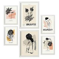 POSTER Set Mit 6 In Schwarzer Tinte Gefühle Kunstdrucke Im Skizzenstil Für Innenarchitektur A3 & A4 Weißer Rahmen - Weiß, Papier (29/3cm) - Nacnic