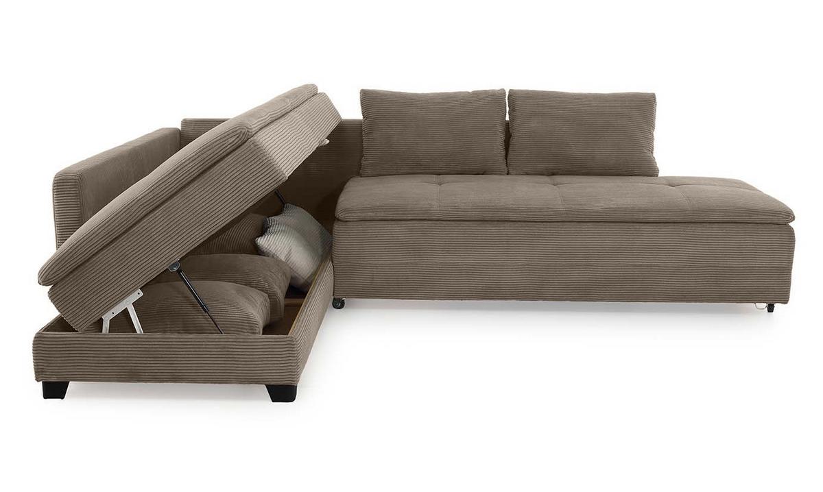 ECKSOFA-DAUERSCHLÄFER Doppelbett Boxspring Federkern Topper, seitenverkehrt montierbar B306/T223/H95 cm, Cord Braun Taupe / 15162 - Schwarz/Braun, Kunststoff/Textil (306/223cm) - luma-home