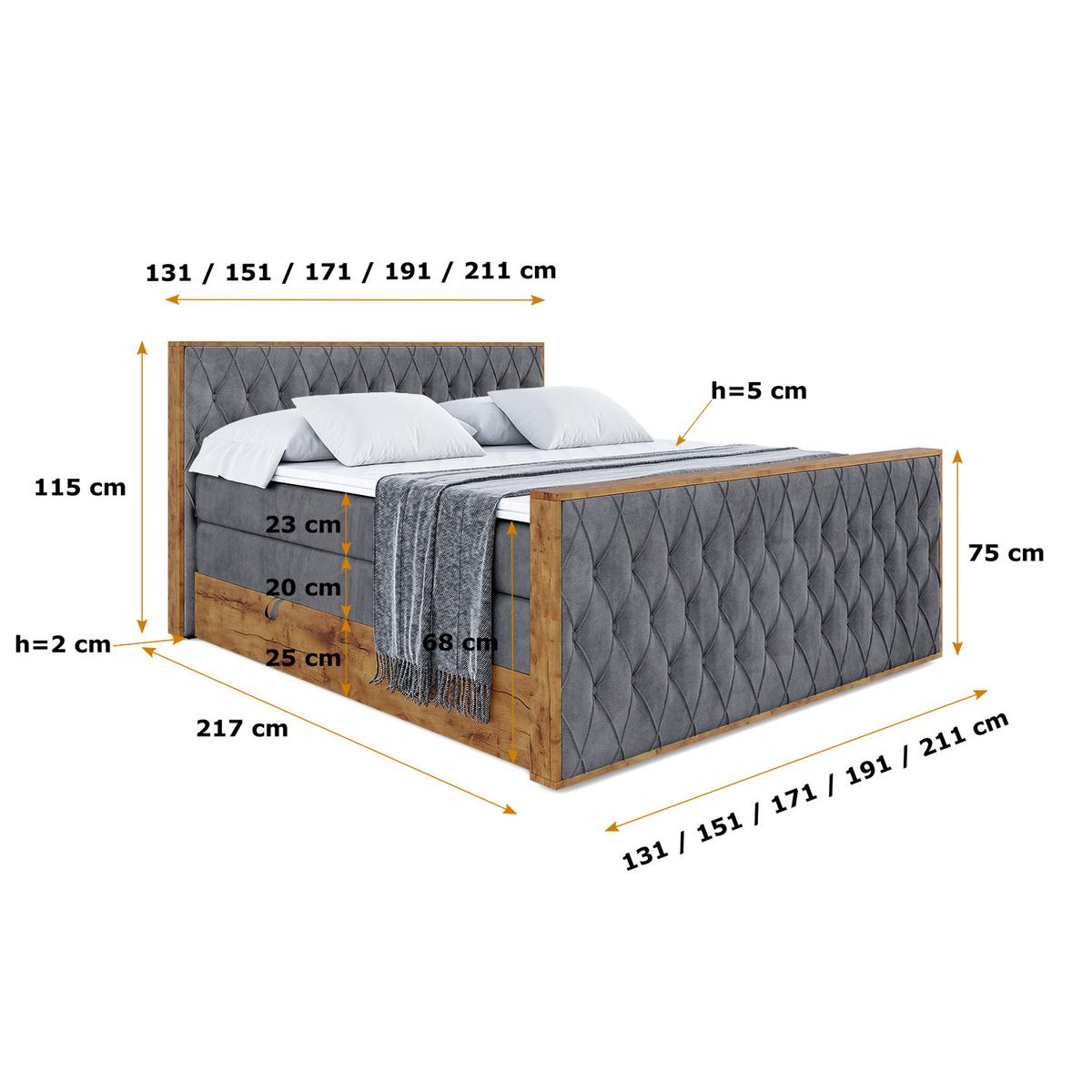 BOXSPRINGBETT mit Matratze H3|H4 und Lattenrost - LOLLI5-Z KING-200x200 - Dunkelgrau Casablanca - Dunkelgrau, Holzwerkstoff (200/200cm) - ALTDECOR