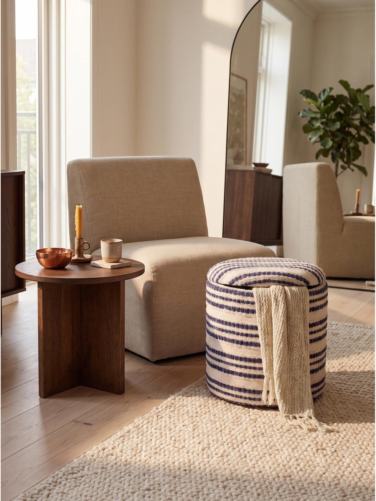 SITZHOCKER RHONE, Stoff, mit Textilbezug, Blau-Beige, Ø 40 x 45 cm - Blau/Beige, Textil (40/45/40cm) - KADIMA DESIGN