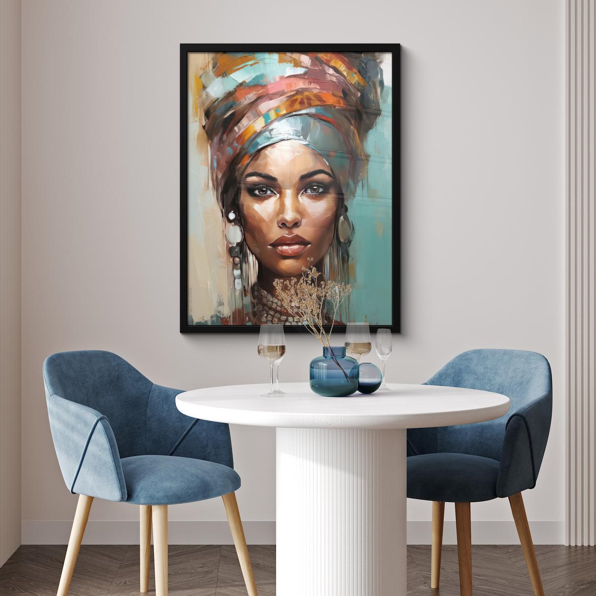 POSTER MIT RAHMEN Frau - Kunst - Schmuck - Porträt Posterleiste 60x80 cm - Blaugrau, Papier (60/80cm) - MuchoWow