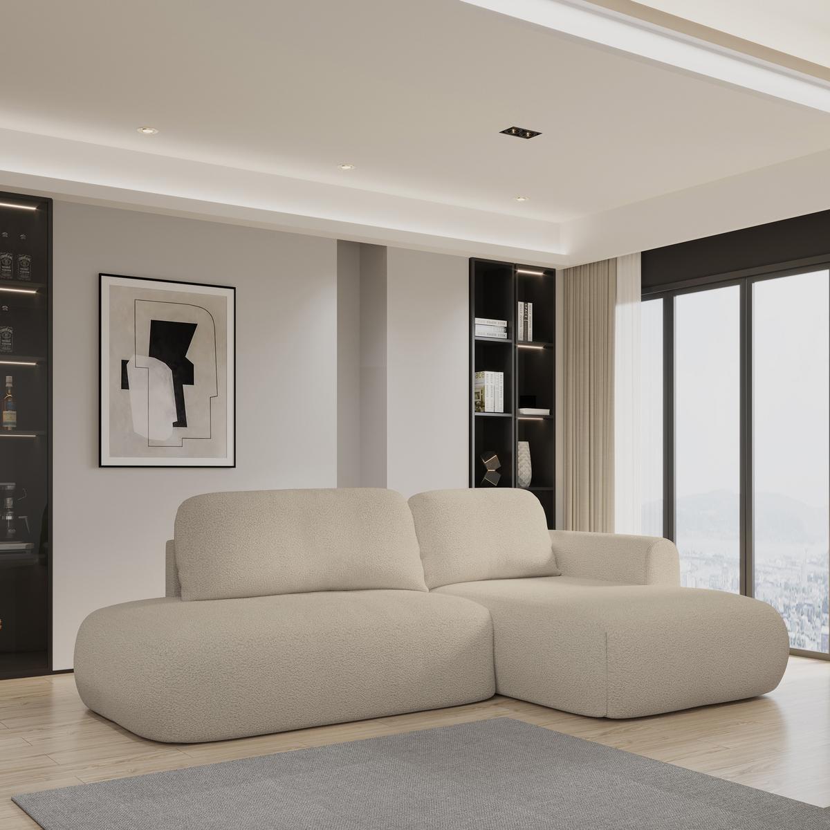 ECKSOFA NUVIRA R-S Beige Boucle-Stoff mit Schlaffunktion - Beige, Holz (279/158cm) - MASSENO