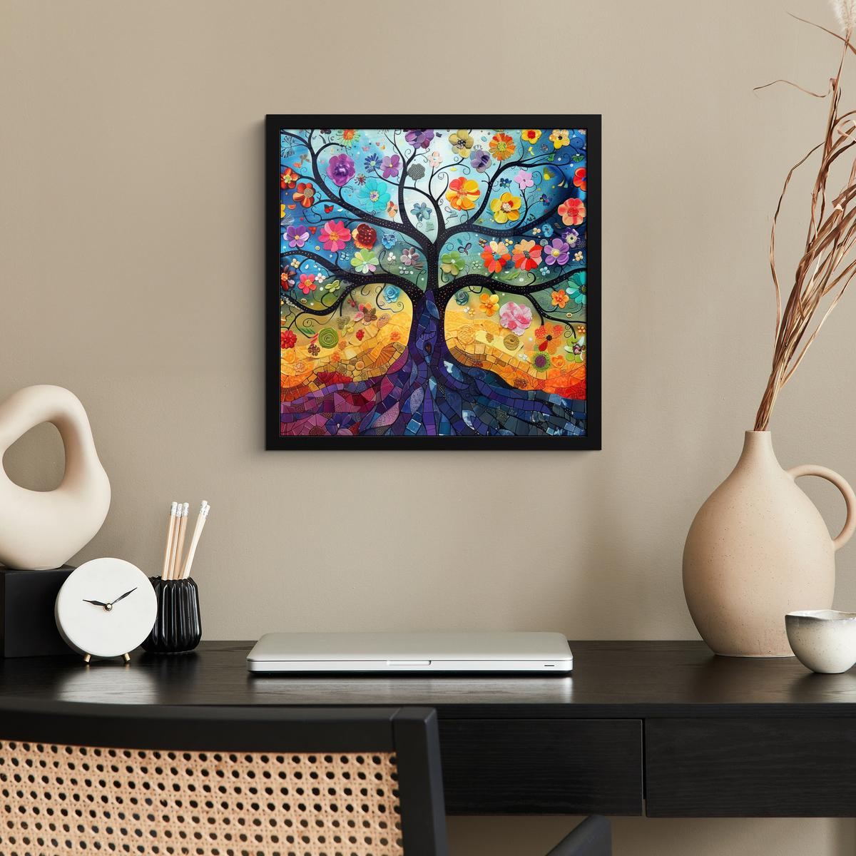 POSTER MIT RAHMENGERAHMTES BILD Kunst - Baum des Lebens - Blumen - Hippie 40x40 cm - Dunkelblau, Papier (40/40cm) - MuchoWow