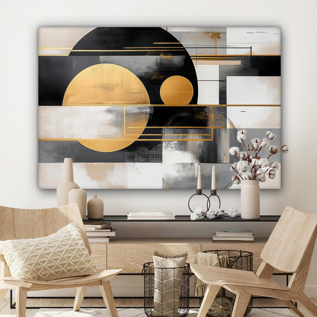 LEINWANDBILD Abstrakt - Gold - Silber - Formen - Ästhetisch - Modern Groß 140x90 cm - Goldfarben, Textil (140/90cm) - MuchoWow