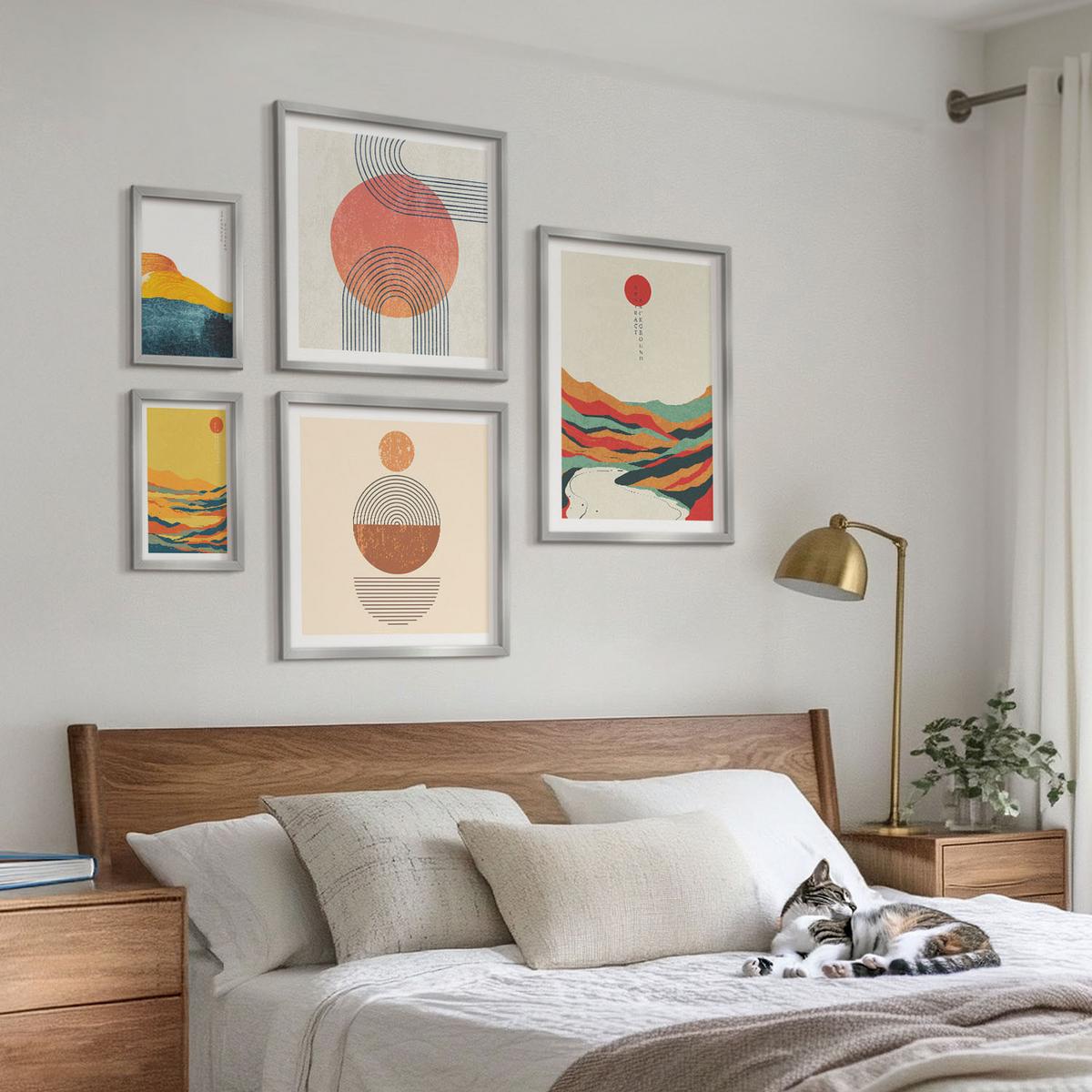 BILDER SET 5er Set - 50x50 cm & 20x30 cm & 40x60 cm Silberner Rahmen - Abstrakte Berglandschaften - Silberfarben, Kunststoff (40/60cm) - TULUP