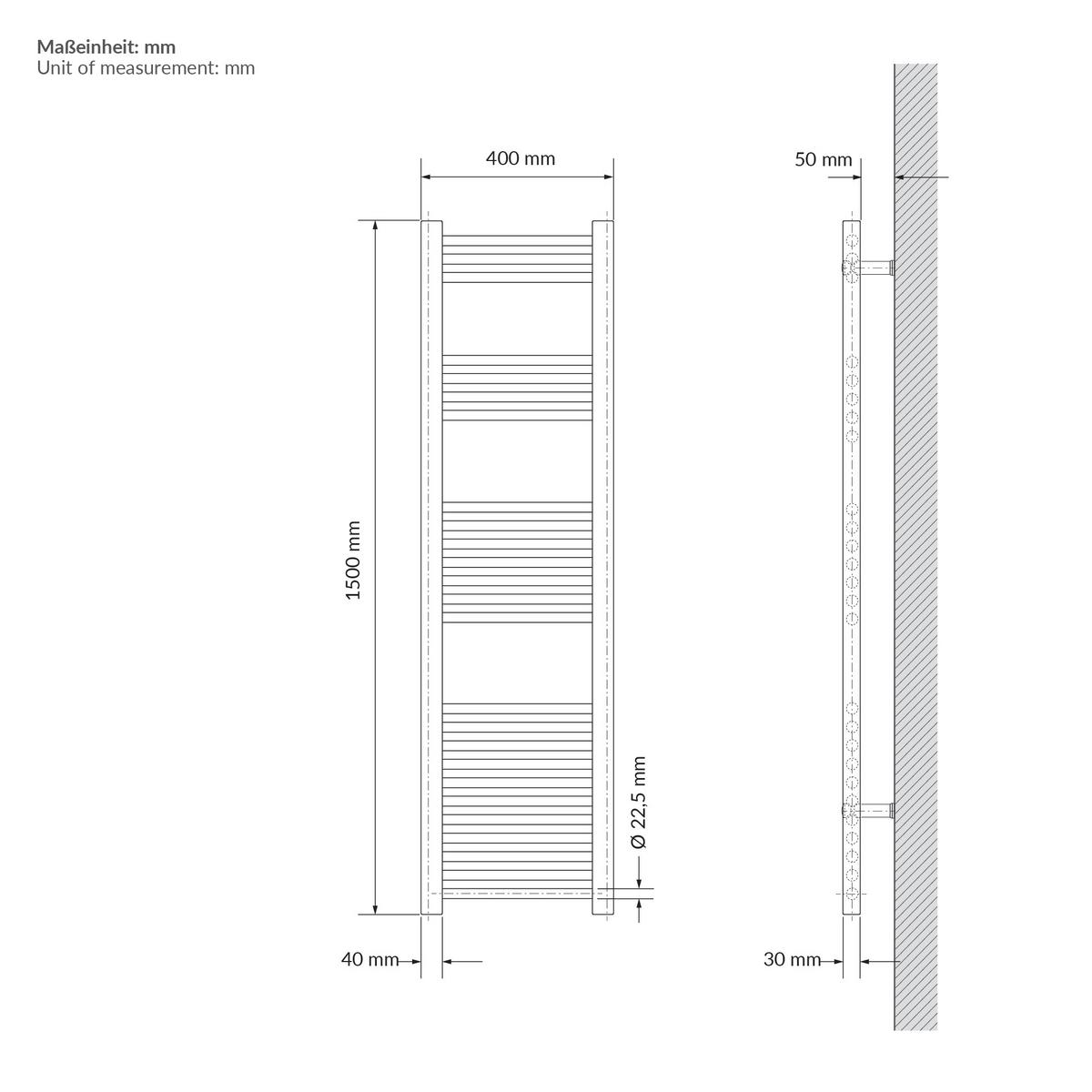 HANDTUCHHEIZKÖRPER 400 x 1500 mm Beige Badheizkörper gerade mit Seitenanschluss - Beige, Metall (40/150/3cm) - LuxeBath