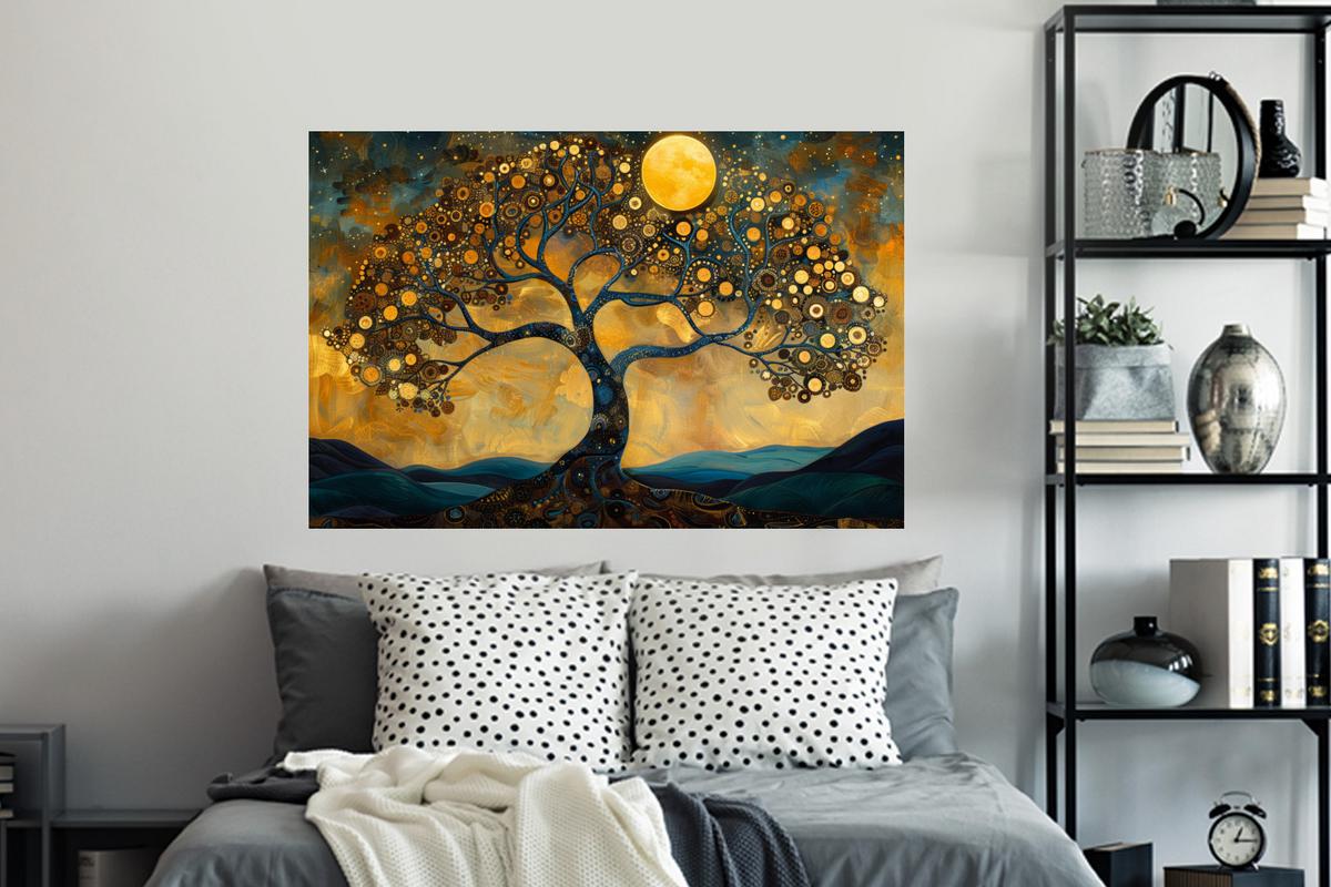 WANDTATTOO Baum - Mond - Blumen - Gold - Kunst Wandsticker 120x80 cm - Orange, Kunststoff (120/80/0.1cm) - MuchoWow
