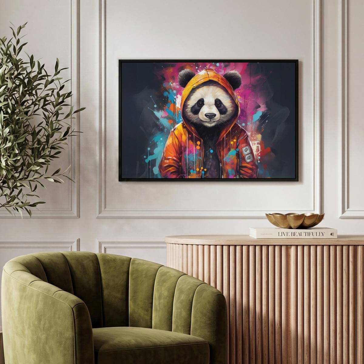 LEINWAND Bilder mit Rahmen - Panda - Jacke - Graffiti - Orange - 60x40 - Orange, Textil (60/40cm) - MuchoWow
