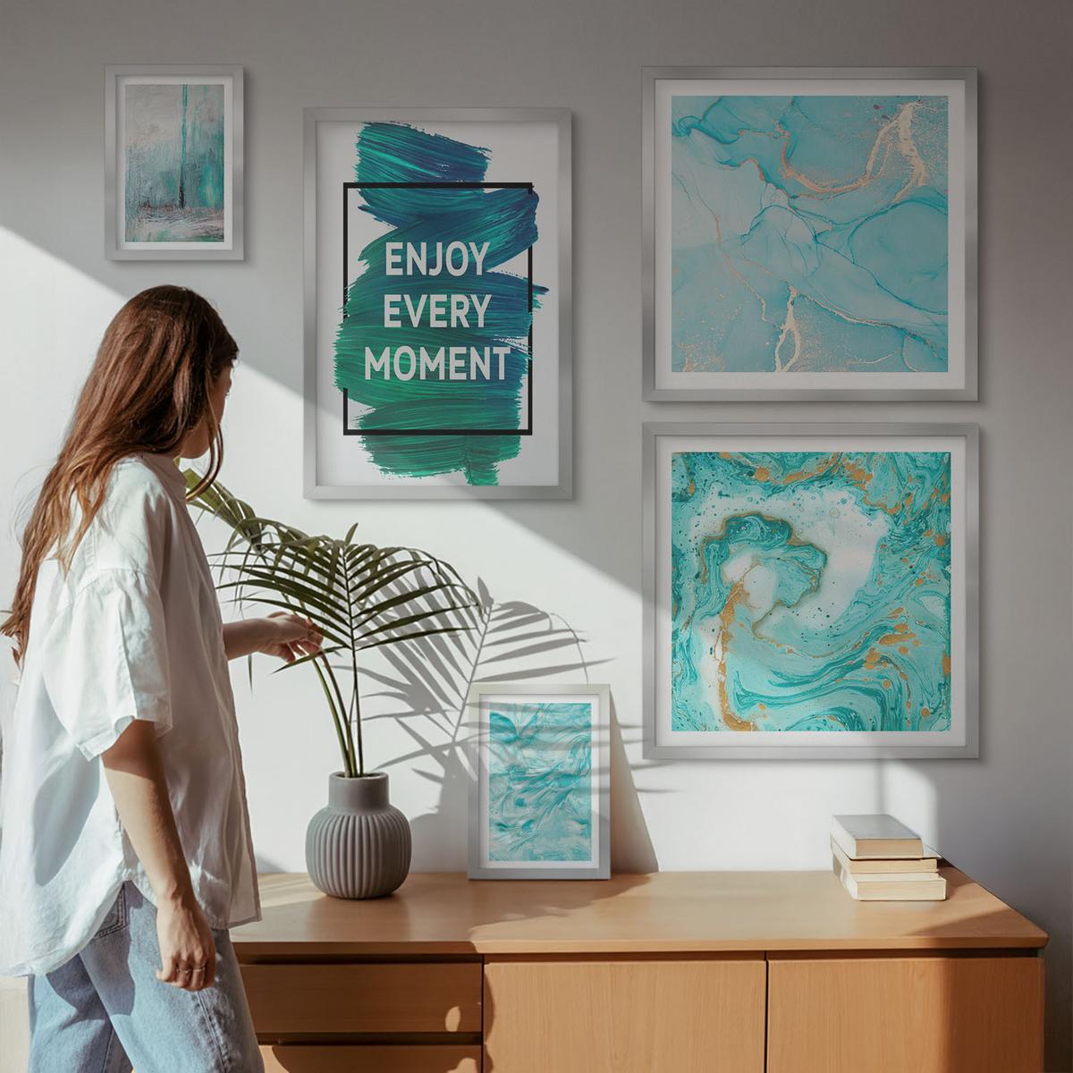 BILDER SET 5er Set - 50x50 cm & 20x30 cm & 40x60 cm Silberner Rahmen - Farbenfrohe Abstraktionen, Gesichter, Formen - Silberfarben, Kunststoff (40/60cm) - TULUP
