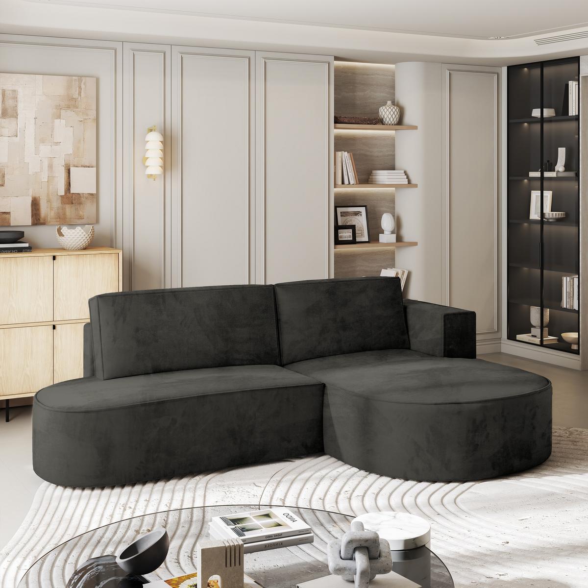ECKSOFA CORTIO M R-S Schwarz Velours-Stoff mit Schlaffunktion - Schwarz/Grau, Holz/Kunststoff (265/174cm) - MASSENO