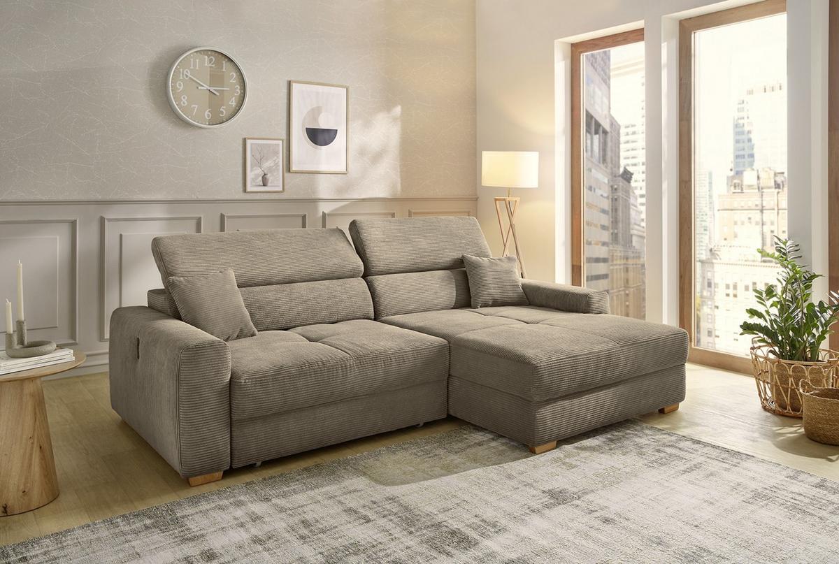 ECKSOFA mit elektrischer Sitztiefenverstellung, Kopflehnen verstellbar, USB-A und USB-C Ladefunktion B277/T187/H109 cm, Cord Braun Taupe / 15401 - Eichefarben/Braun, Eichenholz/Textil (277/187cm) - luma-home