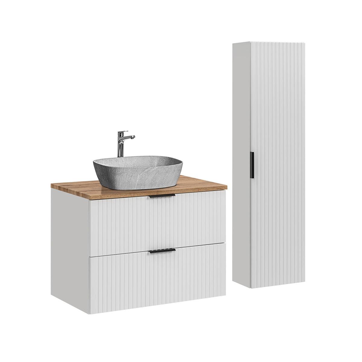 BADMÖBEL 80.6cm Adriel 2er-Set Weiß, Holz und Stein - Weiß, Holzwerkstoff (80.6/59/46cm) - Petits-meubles