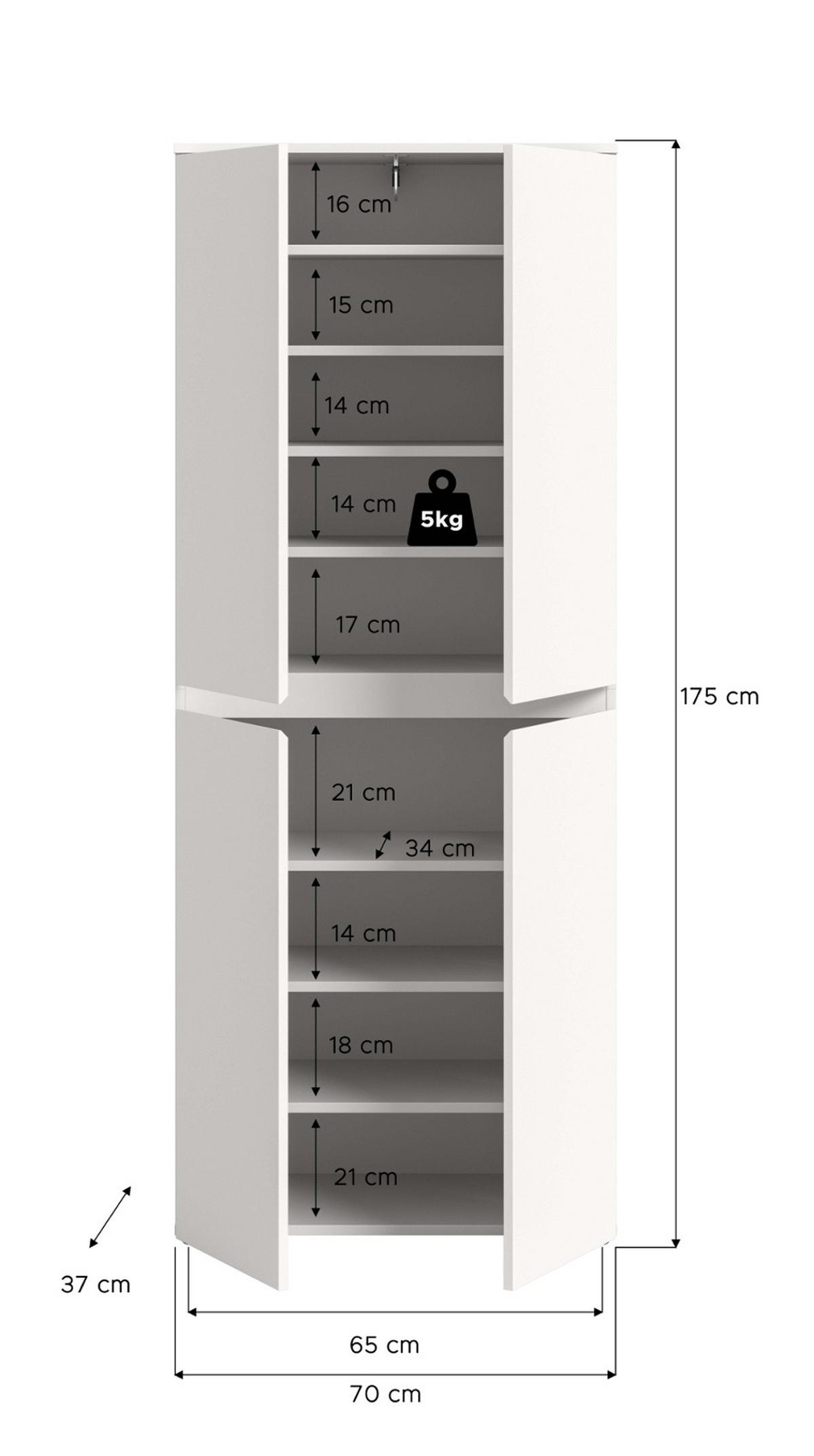 MEHRZWECKSCHRANK weiß 70 x 175 cm, Stauraumschrank 4-türig mit 9 Fächern - Schwarz/Weiß, Holzwerkstoff/Kunststoff (70/175/37cm) - Inn.Furn