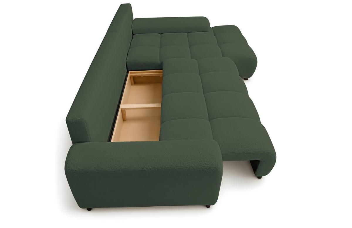 ECKSOFA Ovia mit Bettkasten und Schlaffunktion, Bouclé-Stoff in L-Form - Grün, Textil (270/185cm)