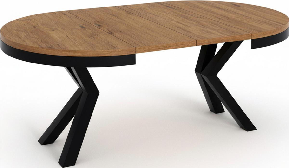 ESSTISCH Clara runder ausziehbarer, Lancelot Eiche 100-180/100/76 cm - Eichefarben/Schwarz, Holzwerkstoff/Metall (180/100/76cm) - WFL GROUP
