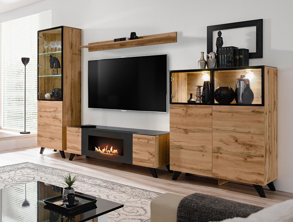 WOHNWAND Wotan Eiche, schwarz 330 cm, Schrankwand mit Kamin, inklusive LED - Eichefarben/Schwarz, Glas/Holz (330/197/45cm) - Inn.Furn